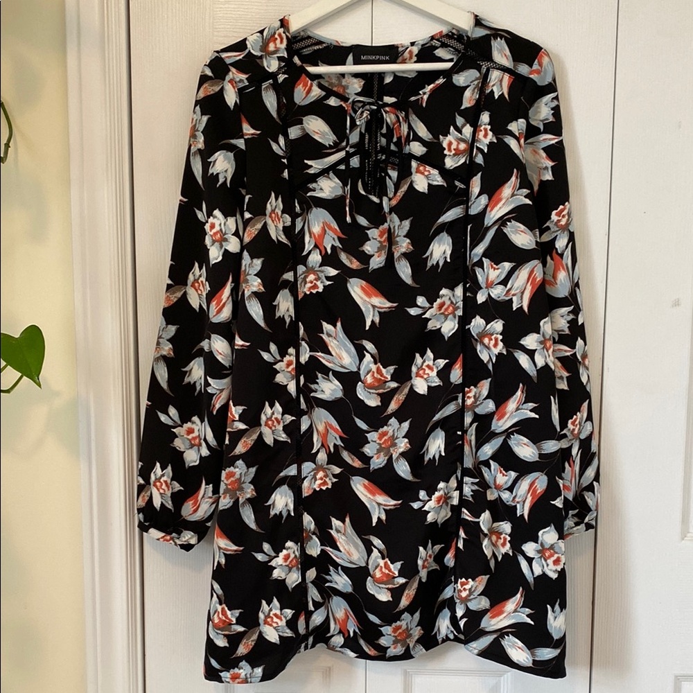 MINKPINK Gorgeous floral print babydoll long sleeve minidress open lattice trim